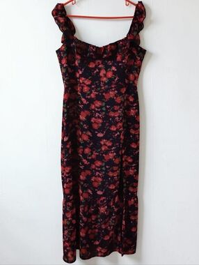 Park & Fifth Navy Blue Midi Dress w/ Red Floral Print Ruffles A-line Cottagecore